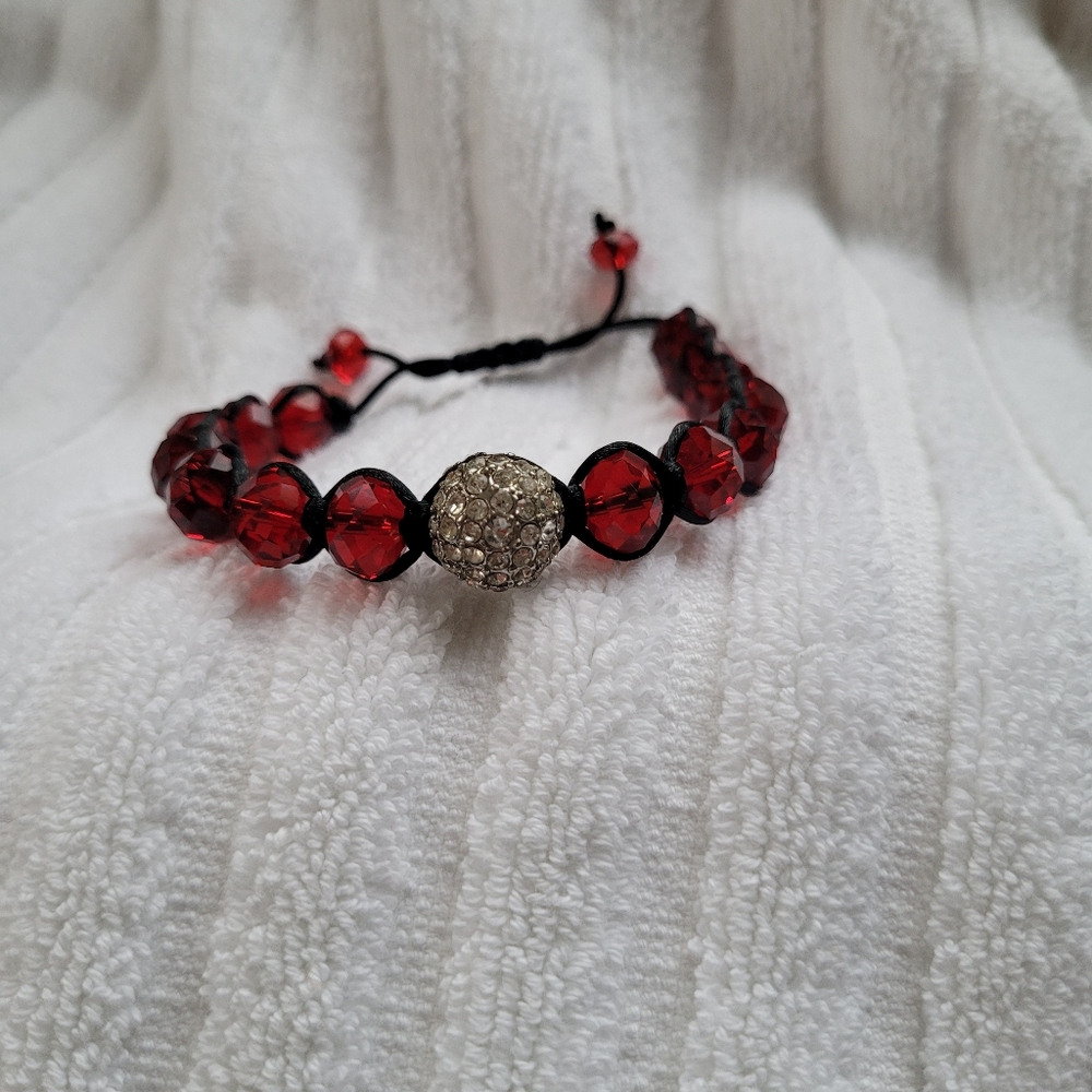 Bolo Braclet - Red faceted beads with crystal accent bead - NWOT